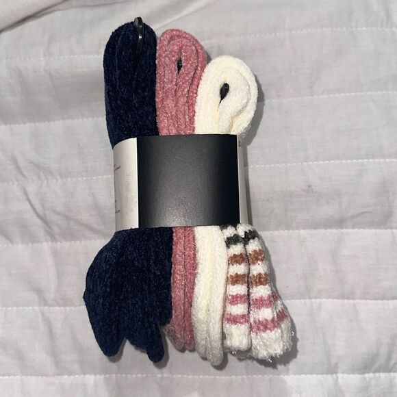 Nine West Ladies 3 Pk Chenille Boot Socks Navy Ivory Pink Green Brown Stripe - Picture 6 of 7